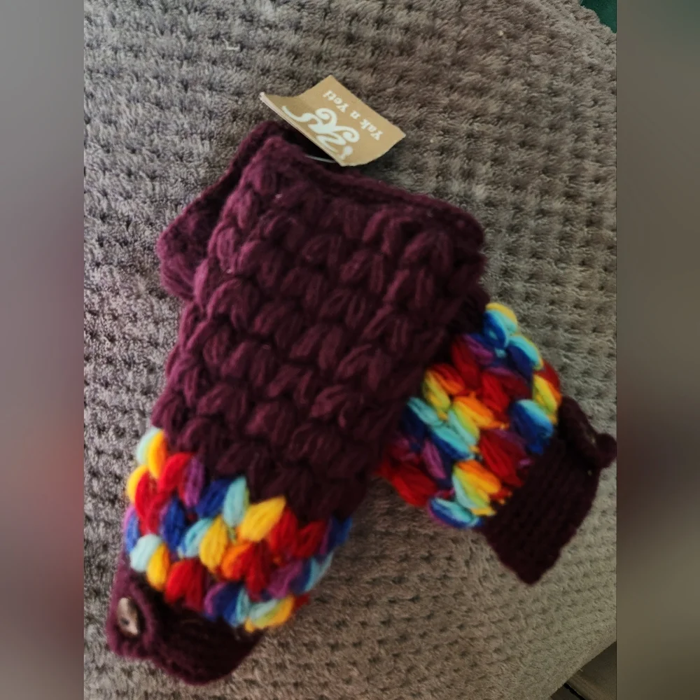 Handmade Crochet Fungerless Mittens - Burgundy and Multicolor - Picture 2 of 3